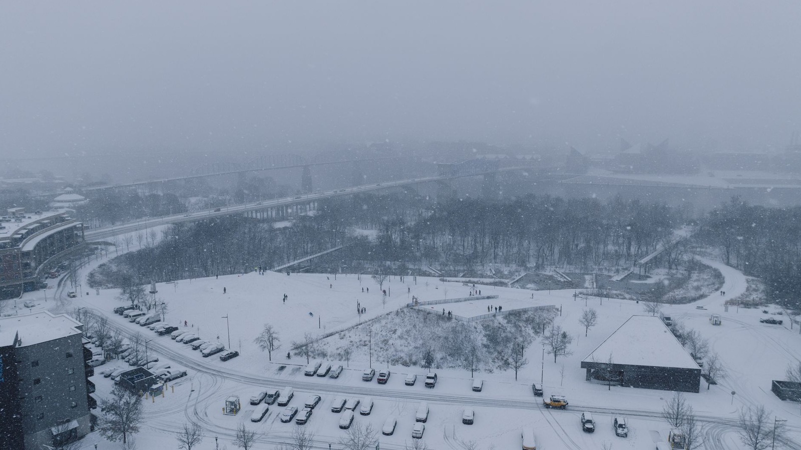 Заснеженный городской парк во время снегопада